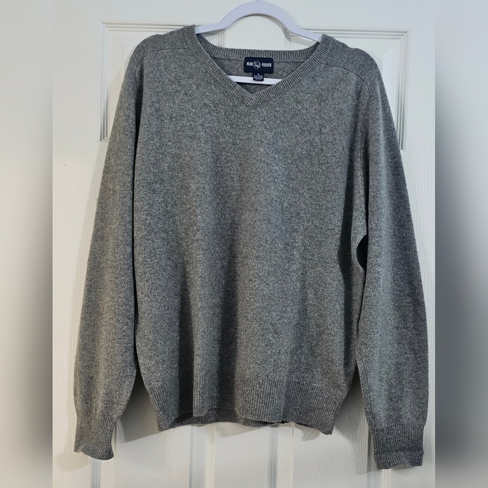 Alan Flusser Cashmere Men's Gray V-Neck Preppy Sweater Medium